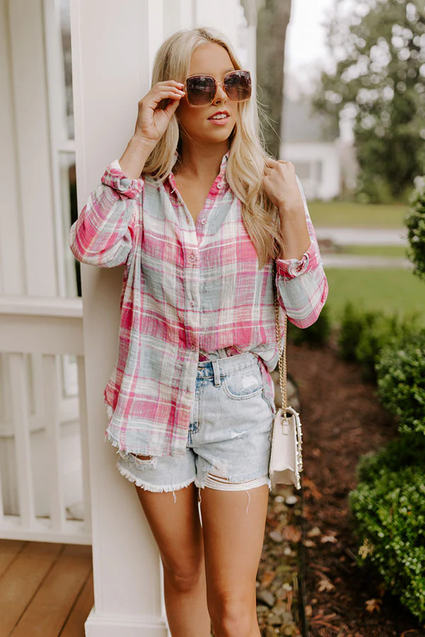Around The Boardwalk Plaid Button Up In Pink - Image 9