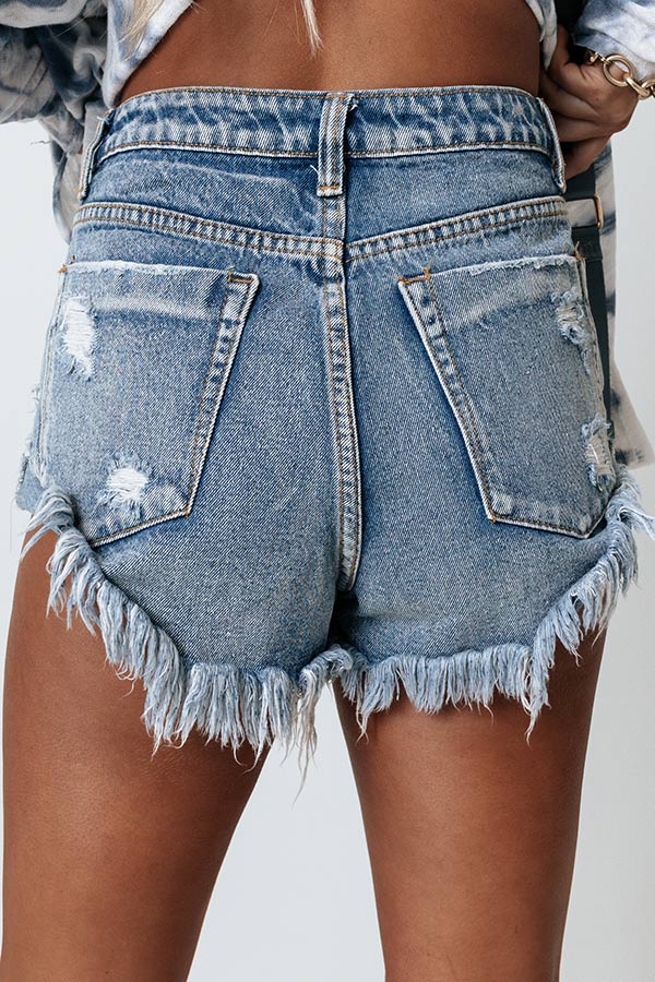Baja Babe Distressed High Waist Shorts in Medium Wash - Image 4