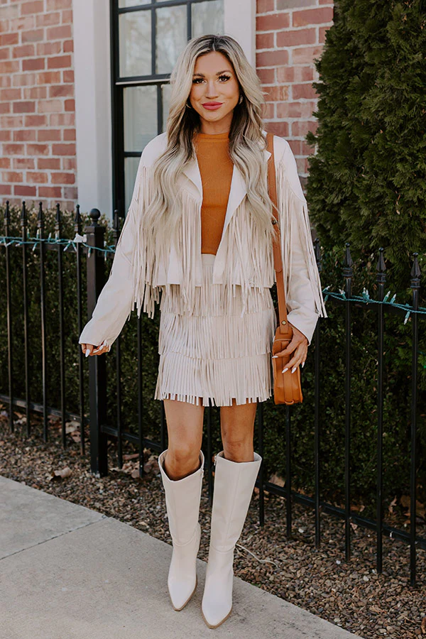 Boho Flow Faux Suede Fringe Jacket in Cream - Image 3