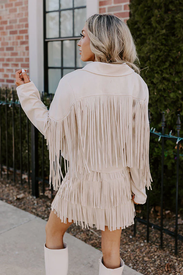 Boho Flow Faux Suede Fringe Jacket in Cream - Image 4