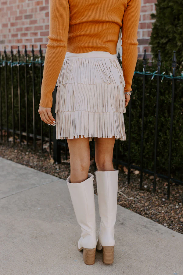 Boho Flow Faux Suede Fringe Skirt in Cream - Image 4