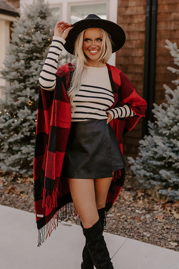 Caramel Kisses Buffalo Check Poncho In Red - Image 2