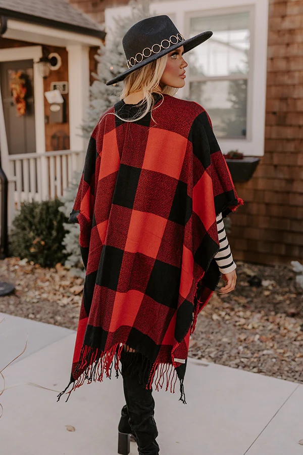 Caramel Kisses Buffalo Check Poncho In Red - Image 3