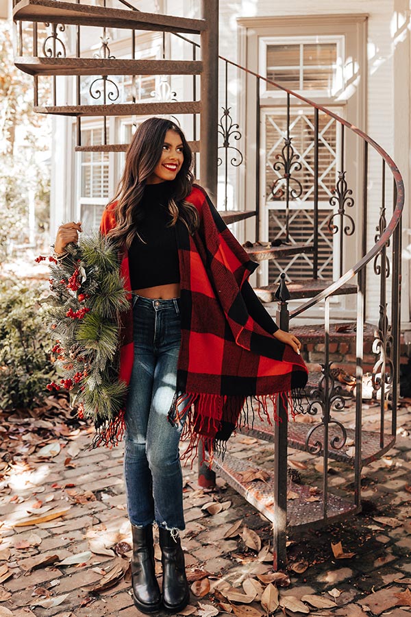 Caramel Kisses Buffalo Check Poncho In Red - Image 4