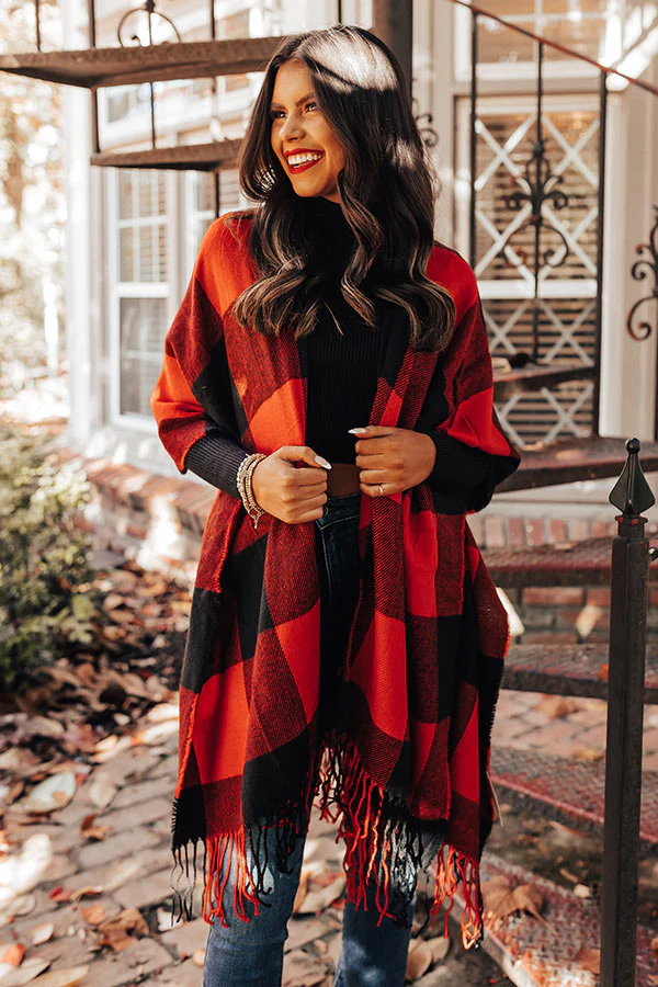 Caramel Kisses Buffalo Check Poncho In Red - Image 5
