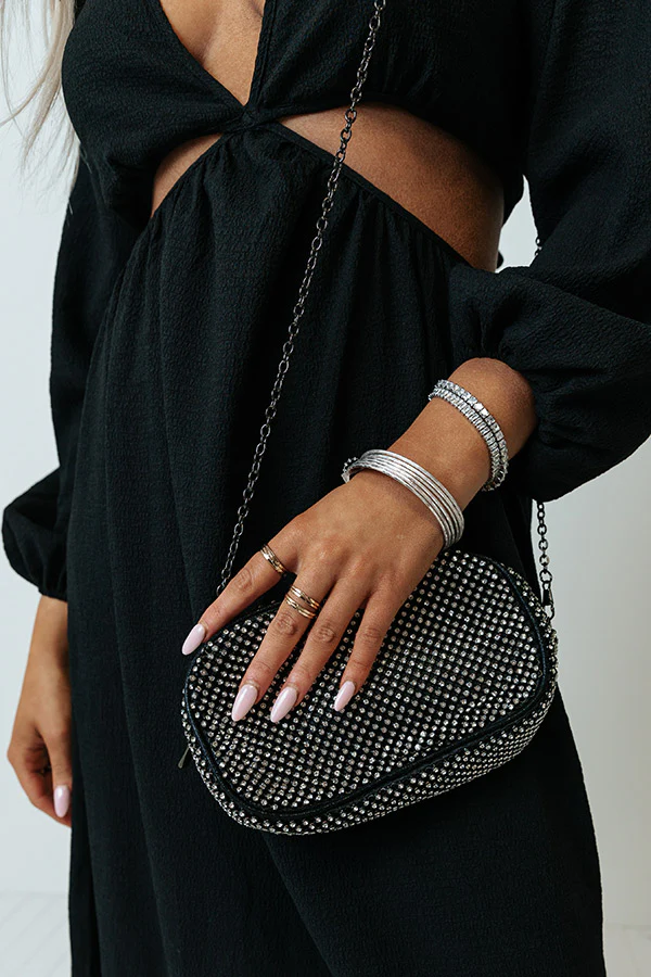 Champagne Getaway Rhinestone Clutch In Black