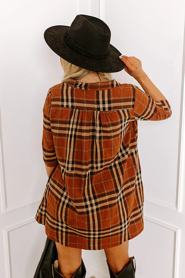 Cheery Mood Plaid Tunic Dress in Dark Camel - Image 4