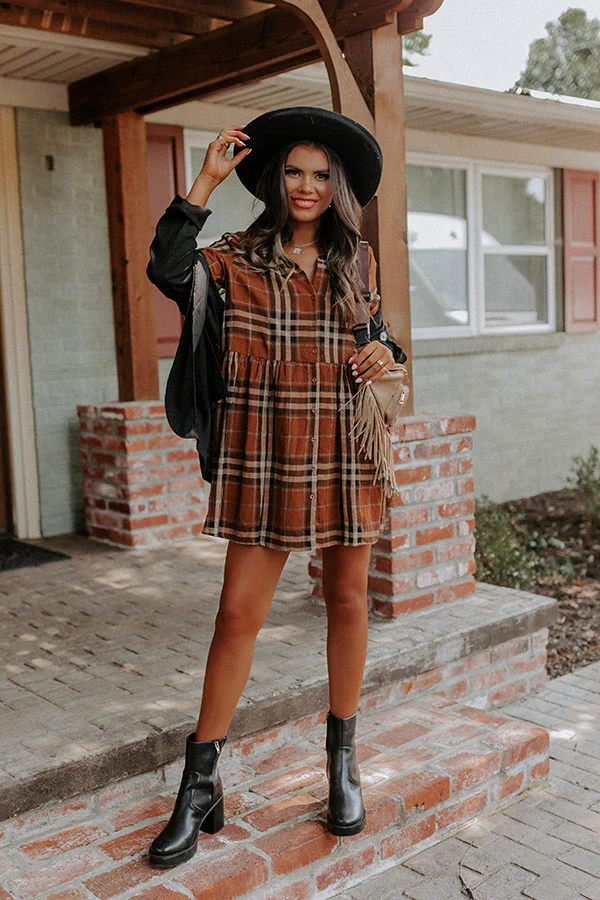 Cheery Mood Plaid Tunic Dress in Dark Camel - Image 6