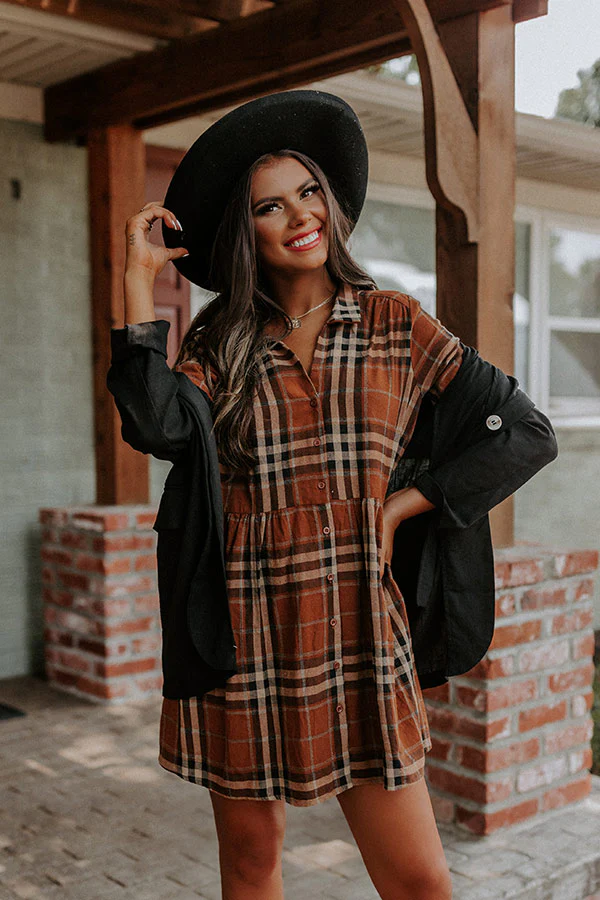Cheery Mood Plaid Tunic Dress in Dark Camel - Image 7