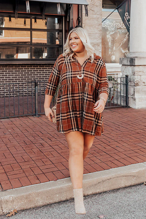 Cheery Mood Plaid Tunic Dress In Dark Camel Curves - Image 3