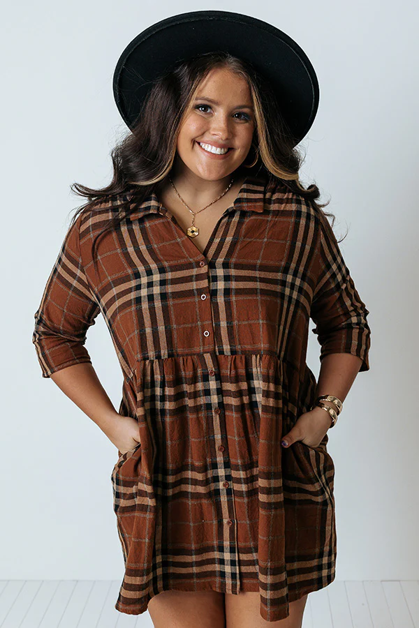 Cheery Mood Plaid Tunic Dress In Dark Camel Curves - Image 7