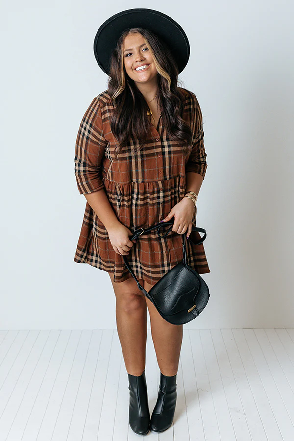 Cheery Mood Plaid Tunic Dress In Dark Camel Curves - Image 8