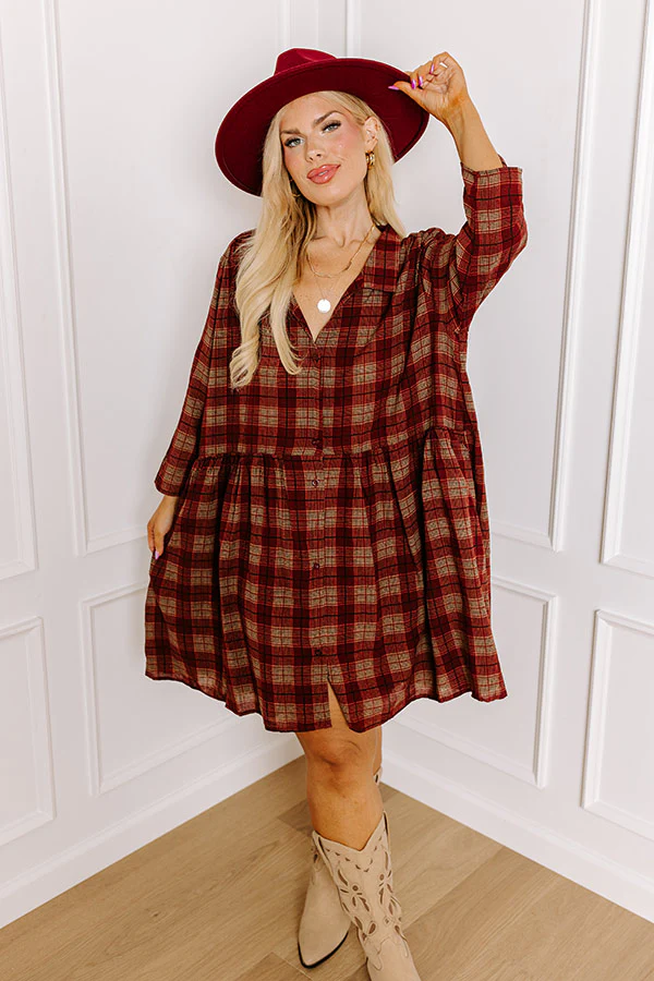 Cheery Mood Plaid Tunic Dress in Wine Curves - Image 2
