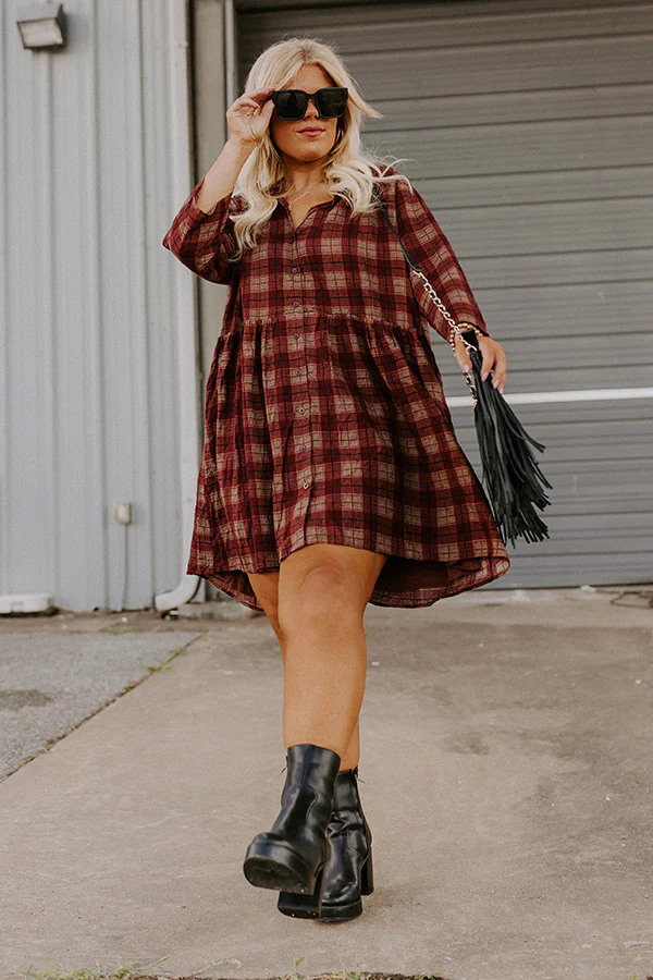 Cheery Mood Plaid Tunic Dress in Wine Curves - Image 5
