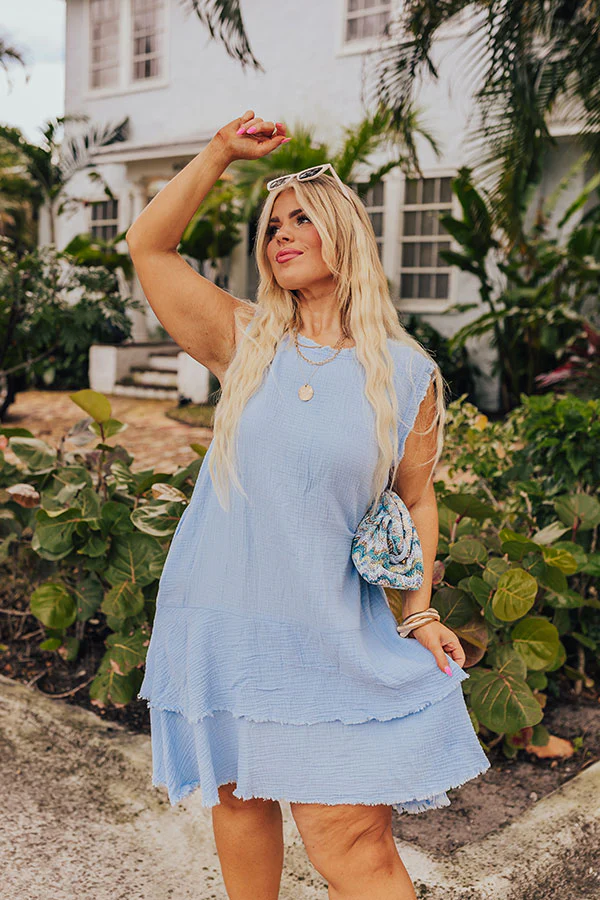 Coastal Sunshine Frayed Gauze Mini Dress in Sky Blue Curves - Image 4
