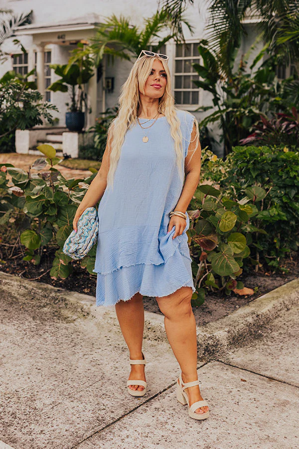 Coastal Sunshine Frayed Gauze Mini Dress in Sky Blue Curves - Image 5
