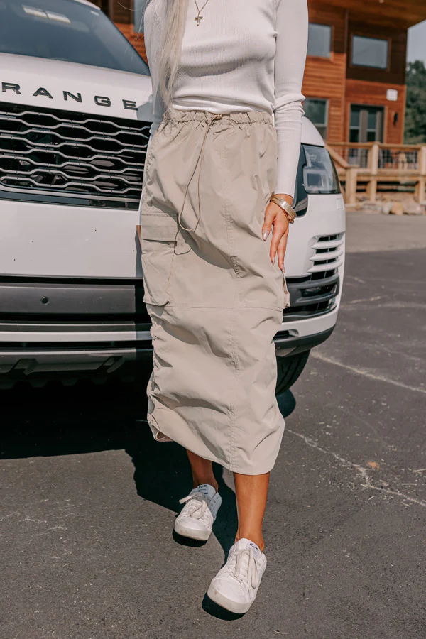 Cool Energy Cargo Midi Skirt in Warm Taupe - Image 7