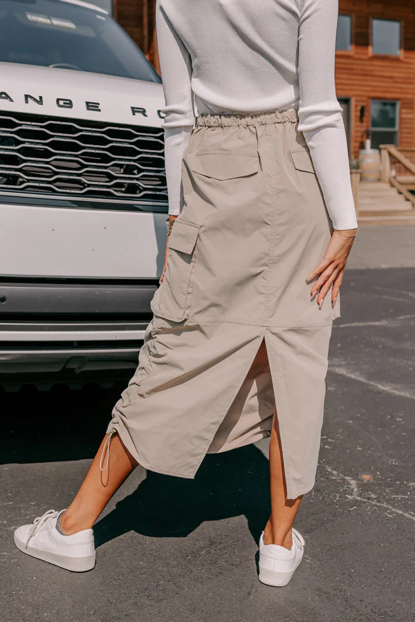 Cool Energy Cargo Midi Skirt in Warm Taupe - Image 9