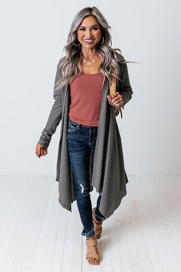 Coolest Feeling Waffle Knit Cardigan In Dark Grey - Image 2