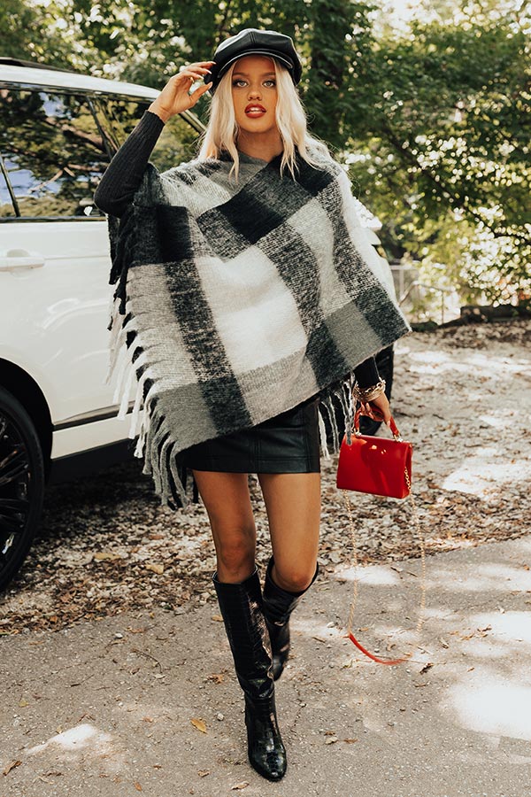Cozy Debut Plaid Poncho In Charcoal - Image 6