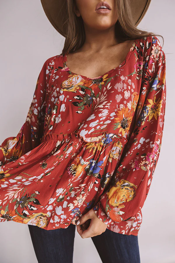 Date With Destiny Floral Babydoll Top In Aurora Red - Image 3