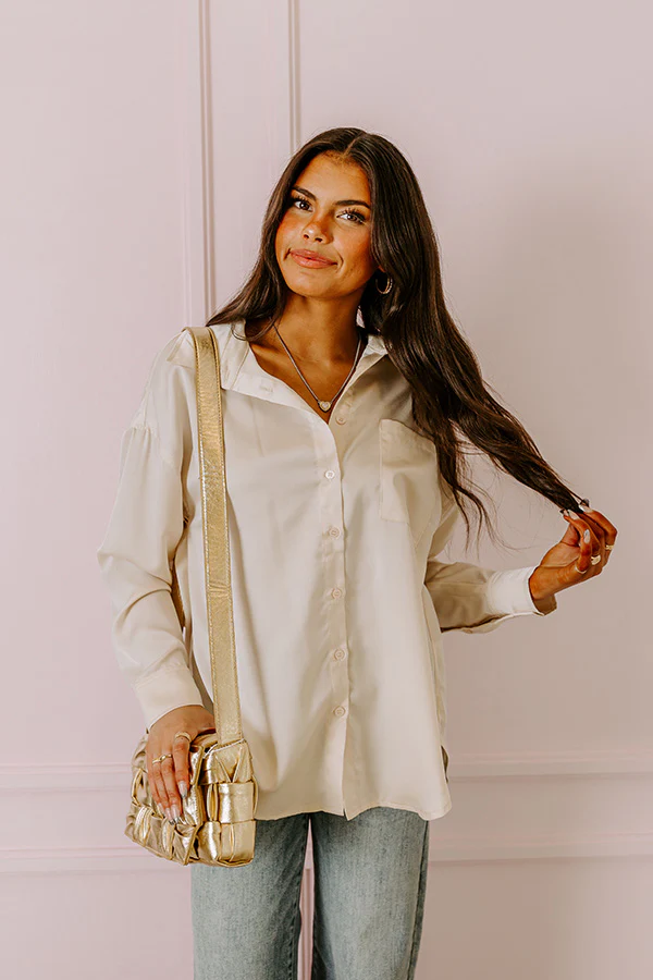 Elite Elegance Satin Button Up In Cream - Image 4