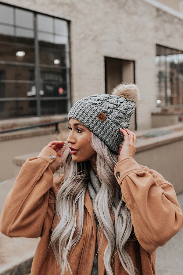 Fall Hike Faux Fur Pom Beanie in Dark Grey - Image 2