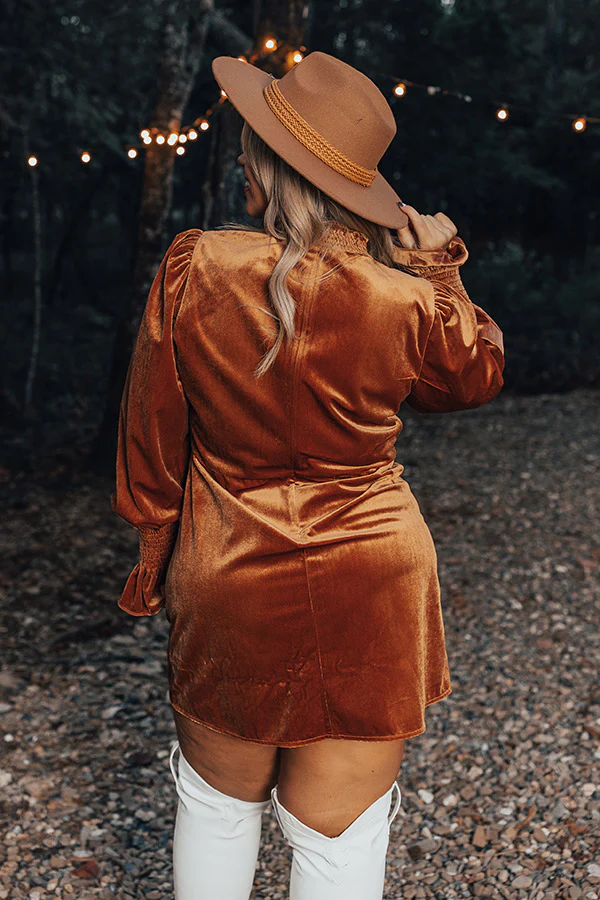 Fashionably Late Velvet Mini Dress In Camel Curves - Image 3