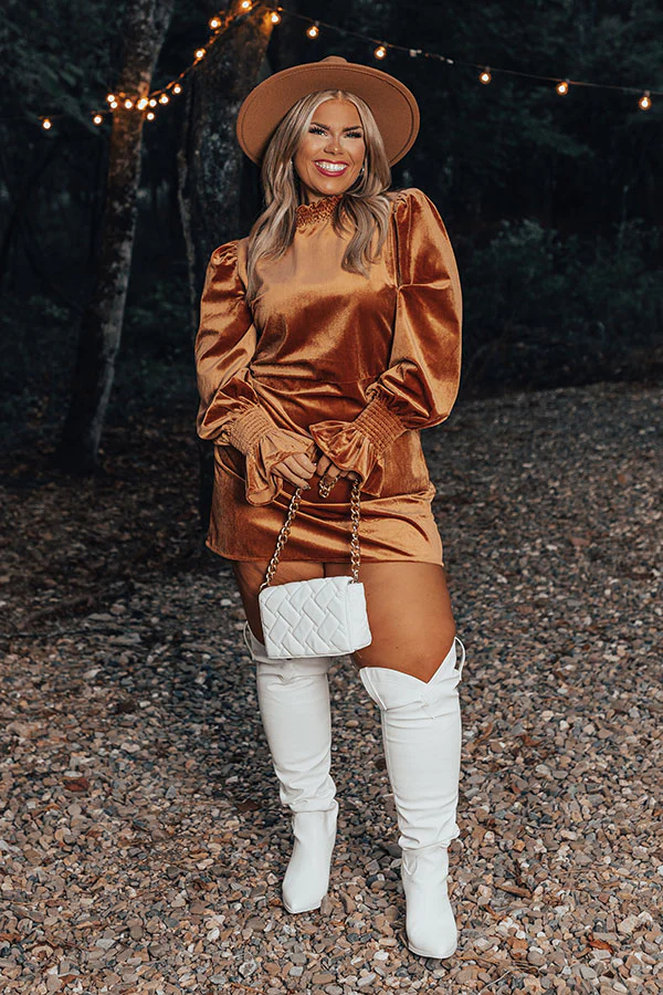 Fashionably Late Velvet Mini Dress In Camel Curves - Image 4