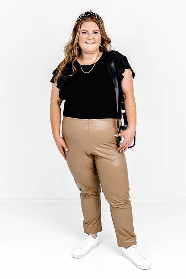 Flirty Allure High Waist Faux Leather Legging in Warm Taupe Curves - Image 3
