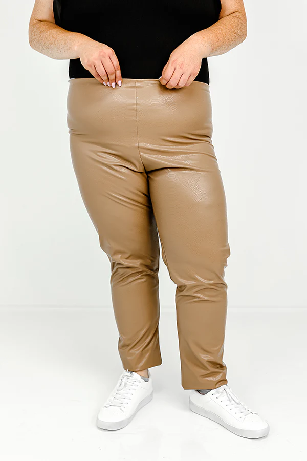 Flirty Allure High Waist Faux Leather Legging in Warm Taupe Curves - Image 4