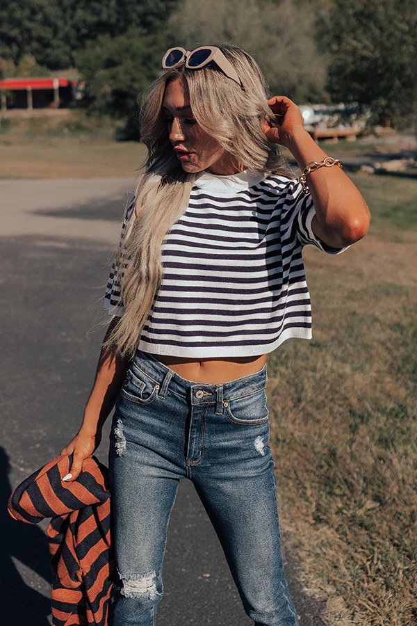 Front Porch Swinging Stripe Crop Top In Navy - Image 6