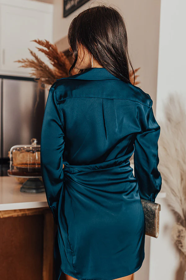 Hampton Wrap Satin Dress In Teal - Image 2