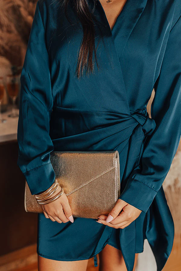 Hampton Wrap Satin Dress In Teal - Image 3