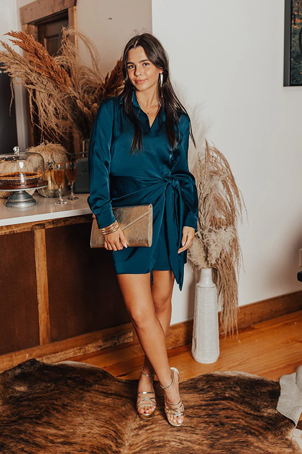 Hampton Wrap Satin Dress In Teal - Image 4