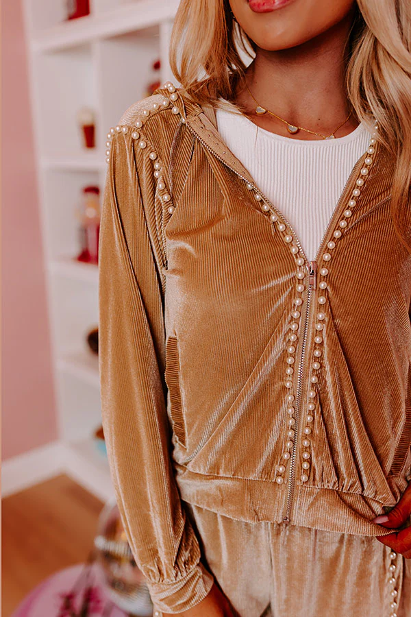 Material Girl Embellished Velour Sweater in Warm Taupe - Image 6