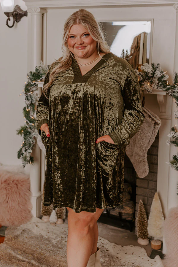 Midnight Kiss Velvet Mini Dress In Army Green Curves - Image 6