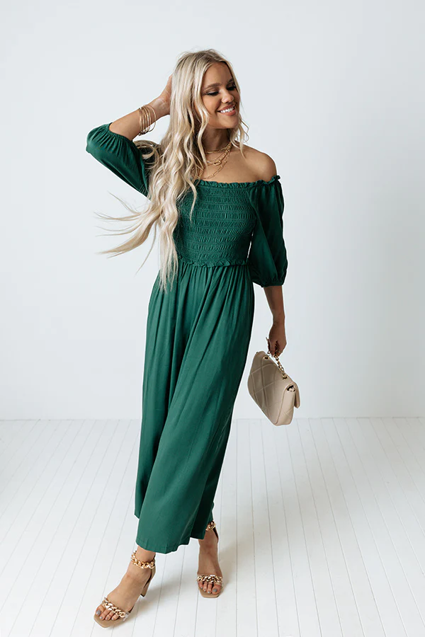 Moon Phase Smocked Jumpsuit In Hunter Green - Image 3