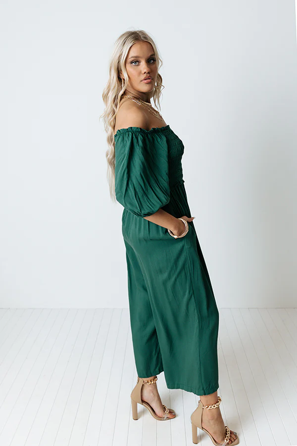 Moon Phase Smocked Jumpsuit In Hunter Green - Image 4