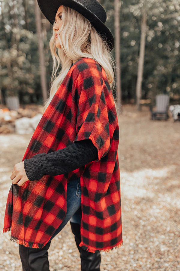 Morning Harvest Plaid Poncho In Red - Image 3