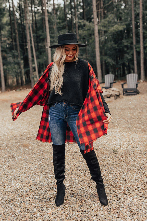 Morning Harvest Plaid Poncho In Red - Image 7