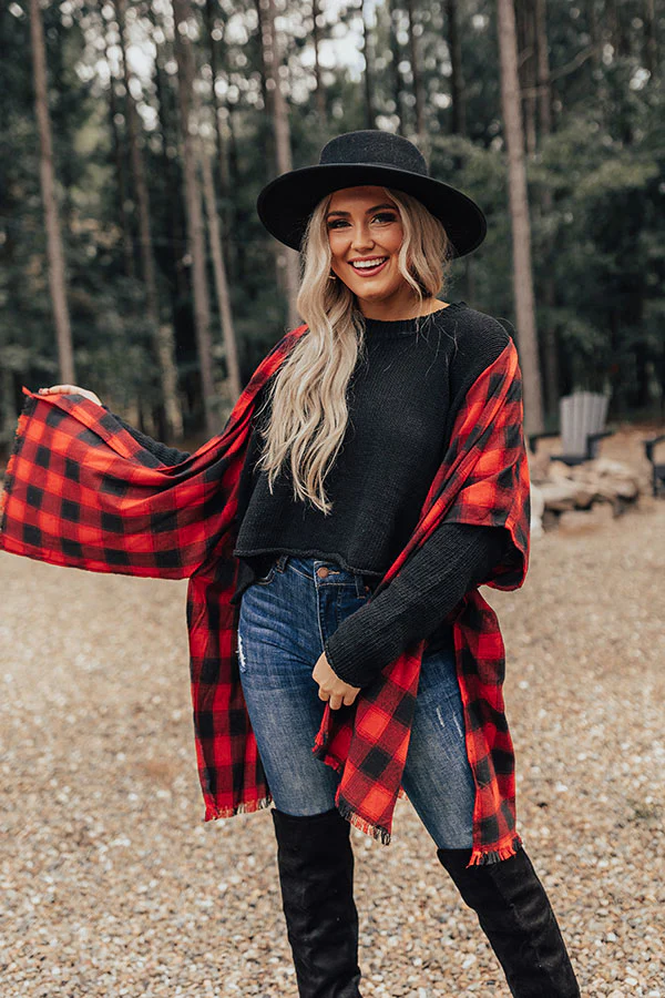 Morning Harvest Plaid Poncho In Red - Image 8
