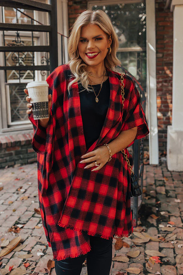 Morning Harvest Plaid Poncho In Red Curves - Image 2