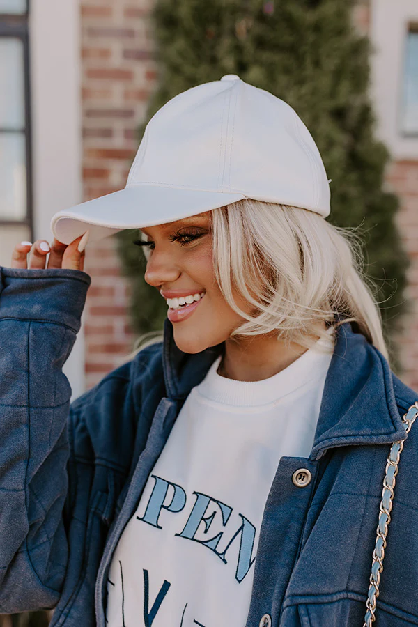 On The Daily Faux Leather Baseball Cap In White - Image 2