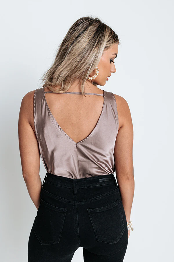 Play To Win Satin Bodysuit In Dark Taupe - Image 5
