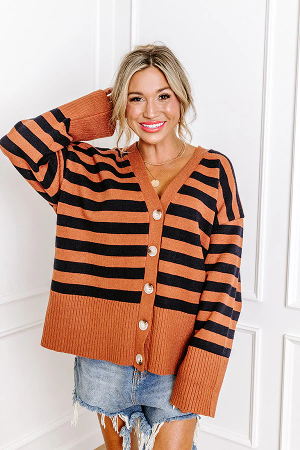 Promising Smile Stripe Cardigan In Cinnamon - Image 4