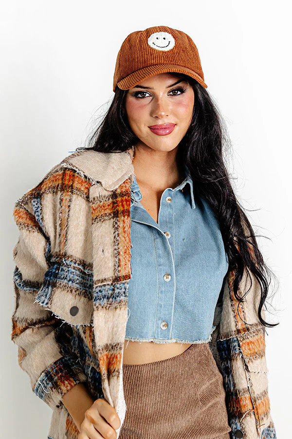 Remember To Smile Corduroy Baseball Cap in Brown - Image 2