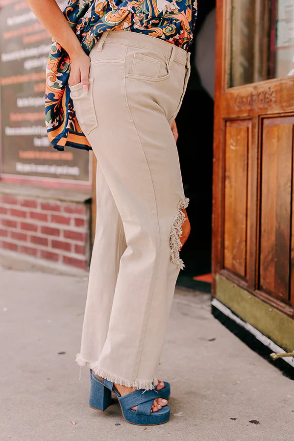 Risen The Eras High Waist Distressed Jean in Beige Curves - Image 3