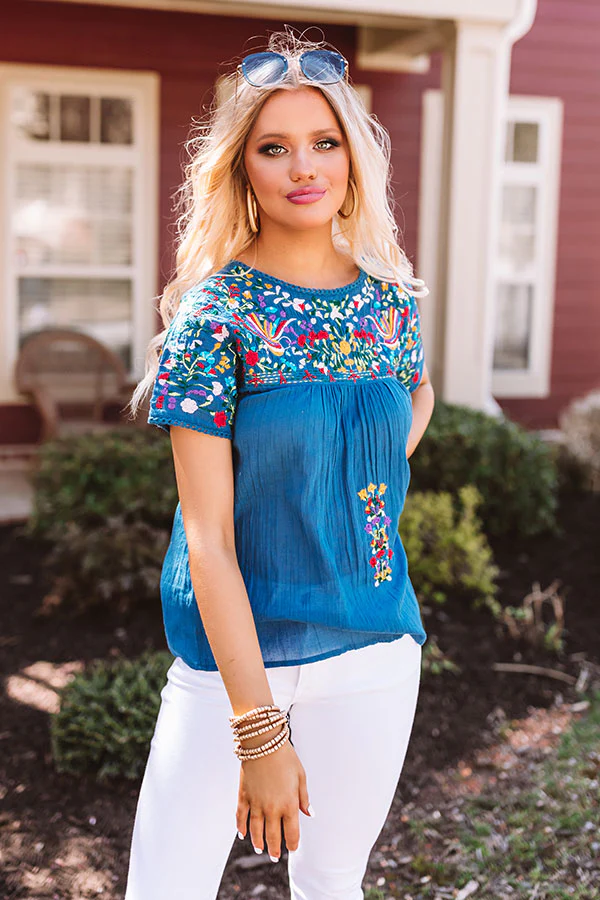 SanFran Sunshine Embroidered Top In Ocean Blue - Image 9