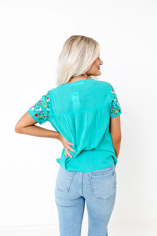 SanFran Sunshine Embroidered Top In Turquoise - Image 3
